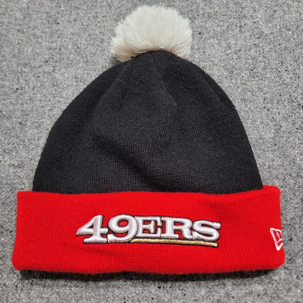 San Francisco 49ers Pom Beanie Cap Hat Mens Red Black Cuffed Winter Embroidered
